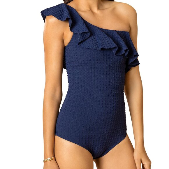 Shoshanna Women's Ruffle One Shoulder One Piece Swimsuit Blue Size 4 B4HP $250 - Picture 1 of 3